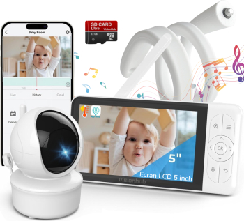 Baby Monitor WiFi 2in1 cu Aplicatie telefon Camera Audio-Video Multi View VisionHub® Ecran UltraHD 1080P de 5inch Night Vision Rotire 355° /90° Zoom pentru Supraveghere Bebe