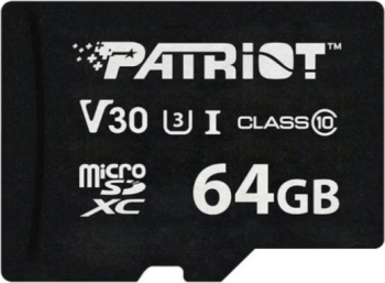 Card memorie MicroSDXC Patriot VX Series, 64GB, V30 Class 10 UHS-I U3, 4K UHD, rezistent la apa, negru