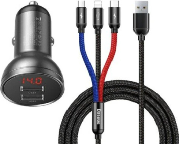 Set incarcator auto Baseus Digital Display IMK-TZCCBX-0G 2 porturi USB Quick Charge SCP 24W Afișaj tensiune Negru Cablu de date 3 in 1