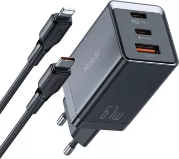 Incarcator Rețea Mcdodo CH-1544 GaN5 Mini Pro Fast Charger, 67W, 2x USB Type-C și 1x USB-A, cablu Type-C la Lightning, 1.2m (Negru)