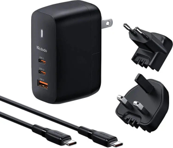 Adaptor, UK/US/EU Plugs, 65W, 2x Type-C, USB-A + Cablu Type-C - Mcdodo Mecha Series (CH-8442) - Black