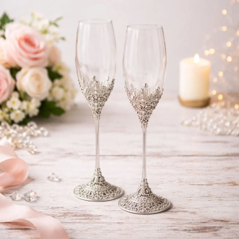 Set pahare șampanie Azay argintiu vintage cu cristale 26.9 cm pahare flute elegante cadou premium cu cutie și tissue paper