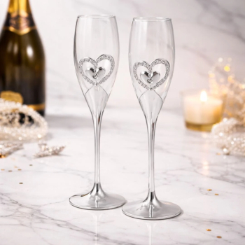 Set pahare șampanie Azay cu inima decorativă și cristale 26.5 cm pahare flute elegante cadou cu cutie premium și tissue paper