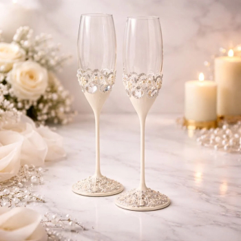 Set pahare șampanie Azay ivory cu perle și cristale 25.5 cm pahare flute elegante cadou premium cu cutie și tissue paper