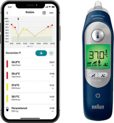 Termometru Braun ThermoScan 7+ Connect functie Age Precision Bluetooth colorat 2 secunde set cu baterii