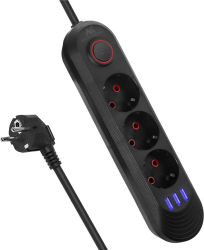 Prelungitor Maclean 3 prize + 3xUSB, 110-240V AC 50/60Hz, 2.1A max 2500W, 1.5m, negru, MCE394 B