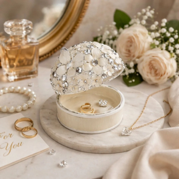 Cutie Bijuterii Rotunda cu Flori si Strasuri 5 cm AZAY &ndash Caseta pentru Inel Cutie Cadou cu Ambalaj Premium si Hartie Tissue Cadou Femei Elegant
