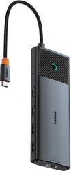 Baseus Metal Gleam Series II 10-in-1, conec PC USB-C, USB 3.0x2, USB Type-Cx1, USB-Type-Cx1 PD 100W, HDMIx2/4K/60Hz, Gigabit RJ-45x1,card readerx1,LED, gri