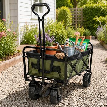 Carucior pliabil profesional 100 kg roti 360 grade cu frana 100L maner reglabil transport gradina plaja camping