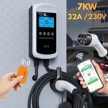Statie încărcare Auto Smart mașina electrica 7.6kW 32A Type 2 IEC 62196-2 220V perete/stalp Control din Aplicație & card RFID IP65 Cablu 5m Display LCD Protecții Multiple Program