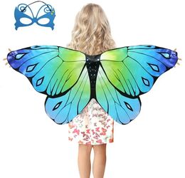 Costum carnaval pentru fete tip pelerina aripi multicolore de fluture albastru