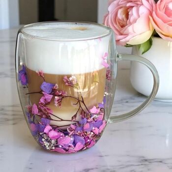 Cană termo din sticlă borosilicată cu gypsophila hortensii trandafiri 300 ml pereți dubli eCarla SZK166