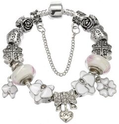 Bratara Charm argintiu alb 12 charmuri si lantisor de siguranta dimensiune 20cm ET023