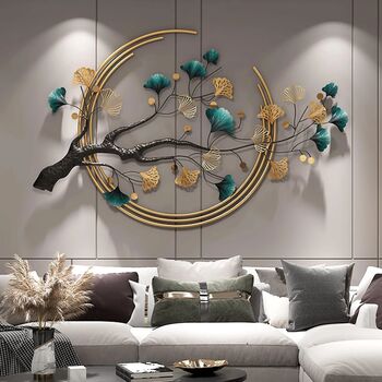 Arta murala metalica 3D frunza ginkgo handmade modern lux &ndash decoratiune abstracta mare 110x68cm
