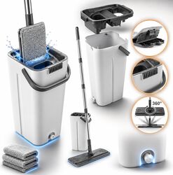 Mop plat cu stoarcere galeata 8.5L cu 2 compartimente storcator si 3 rezerve 123 cm otel inoxidabil si PP Alb/Gri