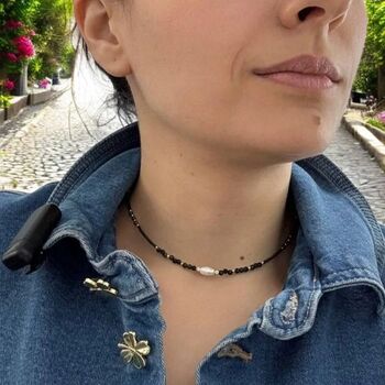 Colier choker handmade Elina din miyuki negru cu Obsidian si argint placat cu aur 925