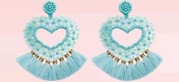 Cercei Jhumka din margele Miyuki in forma de inima stil indian culoare turcoaz