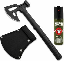 Set topor si spray paralizant propulsie jet DEPOX® otel inoxidabil negru 42 cm/60 ml teaca inclusa
