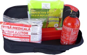 Kit siguranța auto RoGroup &ndash trusa medicala 2 x triunghi stingator vestă + geantă depozitare