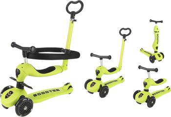 Trotineta 4 in 1 cu bara parentala reglabila protectie 360° suport picioruse roti LED inaltime ajustabila verde