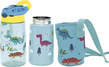 Set 3 in 1 recipient din tritan cu pai 500 ml termos oțel inoxidabil 350 ml cu capac mâner husa neopren și bretea transport Olmitos Dino