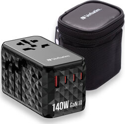 Adaptor călătorie universal Verbatim 32125 GaN III 140W 2 x USB-C&reg PD 3.1 and QC 4+ 140W 1 x USB-C PD 3.0 18W / 1 x USB-A QC 3.0 18W Negru