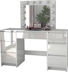 Masa de toaleta/machiaj alb lucios cu oglinda si LED-uri Vanessa 130x43x143 cm