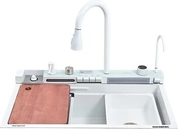 Chiuvetă bucătărie multifuncțională Dus Extractabil Tocător Lemn LCD Temperatura 2 Jeturi Apa Alb 75x46 cm