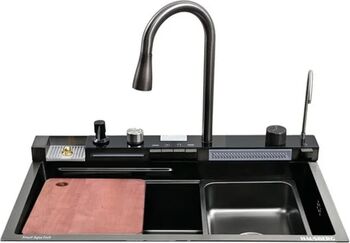 Chiuvetă bucătărie multifuncționala Dus Extractabil Tocător Lemn LCD Temperatura 2 Jeturi Apa Negru 75x46 cm