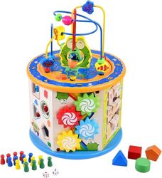 Cub activități educative copii, 8 in 1, ceas, labirinturi, abac, forme geometrice, multicolor, lemn — imaginea 2