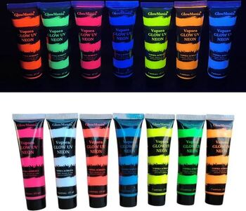 Set 7 culori vopsea glow UV neon 25 ml/culoare pentru corp si fata pe baza de apa