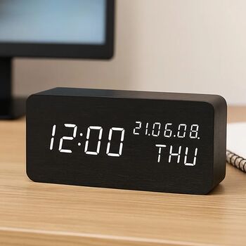 Ceas LED digital de birou afișaj temperatura/umiditate alarma alimentare duală MDF negru