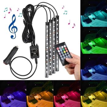 Lumina LED RGB interior auto senzor sunet 4 benzi autoadezive 12 V telecomanda IR