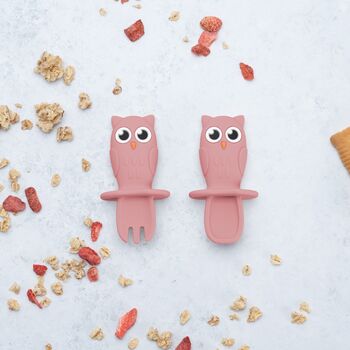 Set tacâmuri din silicon AppeKids Owl Old Rose — imaginea 2