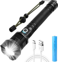 Lanterna tactica APF LED P70 90000 lumeni zoom 3 moduri IPX5 USB reincarcabila 2x26650 baterii negru