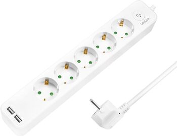 Prelungitor LogiLink LPS249U cu întrerupător iluminat 5 prize 2xUSB 5 V/2.1 A 10.5 W IP20 H05VV-F 3G 1.5 mm² cordon 1.5m Alb
