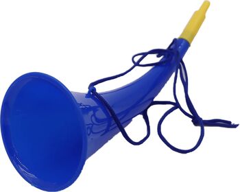 Goarna Curbata Vuvuzela Tip Corn Pentru Petreceri Evenimmente Albastra Varf Galben 27 cm