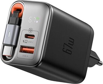 Set Incarcator Rețea Mcdodo CH-4100 67W Fast Charger FreeGo 1x USB-A 1x Type-C cablu Type-C retractabil 65cm Digital Display (Negru)