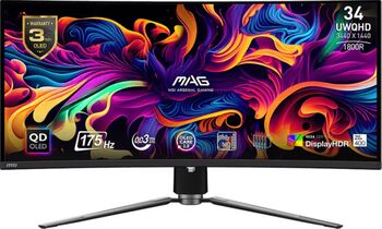 de gaming MSI MAG 341CQP de 34", QD-OLED, 175Hz, UWQHD, 0.03ms, HDMI/DP, curbat, negru