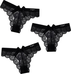 Set 3 Chiloti Dama cu Dantela si Fundita Eleganti si Respirabili tip Tanga Negru Marimea M PriStyle®