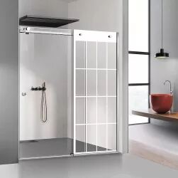 Perete dus cu ușă glisantă GLISSANDO SIMPLE inox model Rank alb sticlă clara securizată pentru gol între 122-140 cm înălțime 205 cm