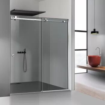Perete dus cu ușă glisantă GLISSANDO SIMPLE inox sticlă gri securizată pentru gol între 160-180 cm înălțime 205 cm