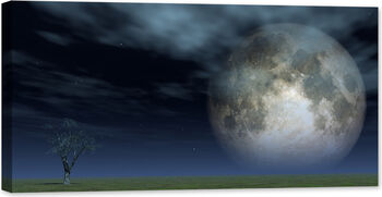Tablou luminos in întuneric GlowforHome Copac singuratic la camp verde și luna plină 80 cm x 40 cm