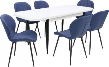 Set masă extensibilă cu 6 scaune bucătărie. Viena Albă and Topaz Albastru piele ecologică
