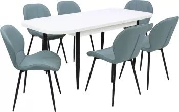 Set masă extensibilă cu 6 scaune bucătărie. Viena Albă and Topaz Bleu piele ecologică