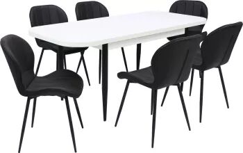 Set masă extensibilă cu 6 scaune bucătărie. Viena Albă and Topaz Negru piele ecologică