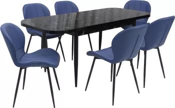 Set masă extensibilă cu 6 scaune bucătărie Viena Negru & Topaz Albastru piele ecologică