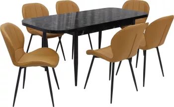 Set masă extensibilă cu 6 scaune bucătărie Viena Negru & Topaz Maro deschis piele ecologică