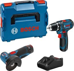Unelte Bosch Powertools 12V profesională GSR 12V-15, GWS 12V-76 trusa (albastru, 2x baterie Li-ion 2.0Ah, L-BOXX)