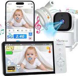 Baby Monitor WiFi 2in1 cu Aplicatie Telefon/Tableta Camera Audio-Video pentru bebelusi VisionHub® Ecran UltraHD 1080P de 5inch VOX vedere nocturna interfon bidirectional Rotire 35